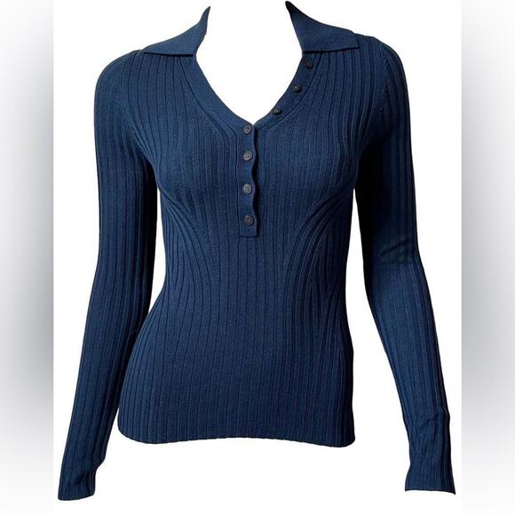 Naadam Navy Ribbed Open Neck Polo - Picture 3 of 9